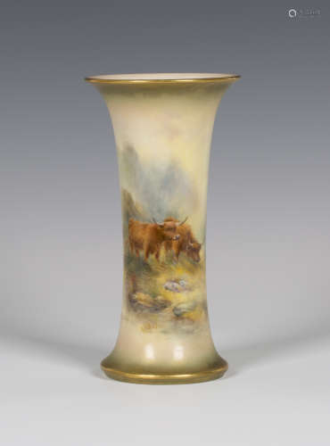 A Royal Worcester porcelain beaker vase, circa 1914, painted by H. Stinton, signed, with Highland