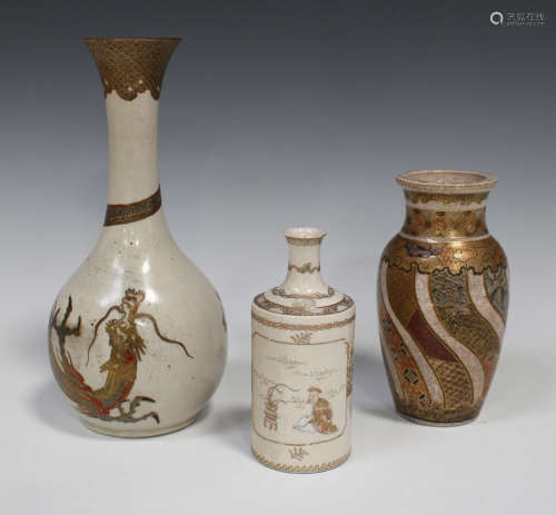 A Japanese Satsuma earthenware bottle vase, Meiji period, painted and gilt with opposing panels of a