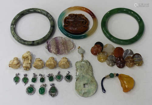 A group of Chinese jewellery, mostly 20th century or later, including three jade bangles, a