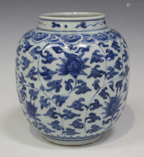 A Chinese blue and white porcelain jar, modern, the ovoid body painted with a design of lotus and