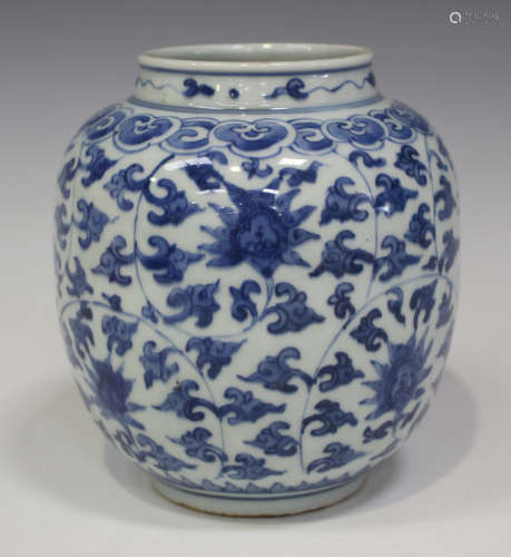A Chinese blue and white porcelain jar, modern, the ovoid body painted with a design of lotus and