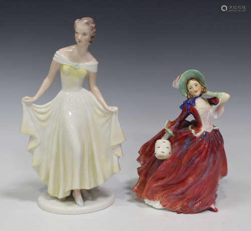 A Hutschenreuther porcelain Art Deco style figure of a dancing lady, circa 1955-68, modelled wearing