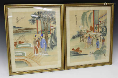 A pair of Chinese watercolour paintings on silk, 20th century, each depicting three figures out of