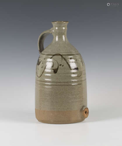 A Russell Collins, Hook Norton studio pottery flagon, the gently ribbed body covered in a green/grey