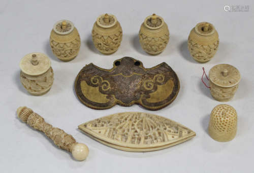 A group of six Chinese Canton export ivory cotton barrels, mid to late 19th century, each carved