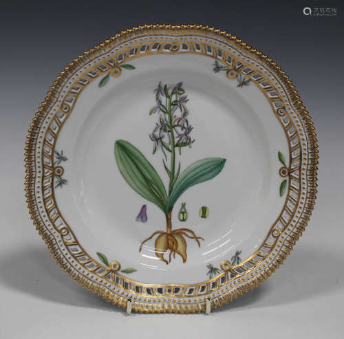 A Royal Copenhagen porcelain Flora Danica botanical cabinet plate, circa 1936, painted with a titled