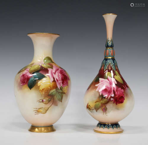 A Royal Worcester porcelain bottle vase, circa 1911, painted by H. Martin, signed, with pink roses