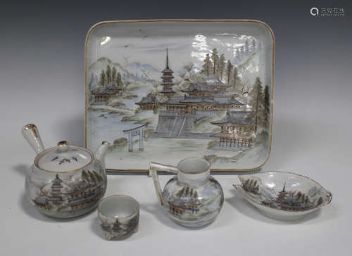 A Japanese porcelain tea set, early 20th century, comprising teapot and cover, milk jug, leaf shaped