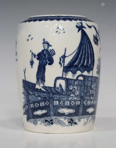 A Caughley porcelain Fisherman and Cormorant pattern tea caddy, circa 1779-91, of tapering