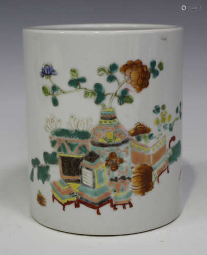 A Chinese famille rose enamelled porcelain brushpot, probably Yongzheng period, of cylindrical form,