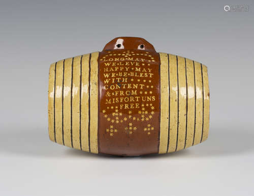 A Sussex slipware pottery small harvest barrel, dated 1792, with yellow slip inscribed verse 'Long