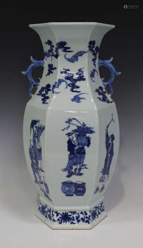 A Chinese blue and white hexagonal porcelain vase, modern, each facet painted with a figure