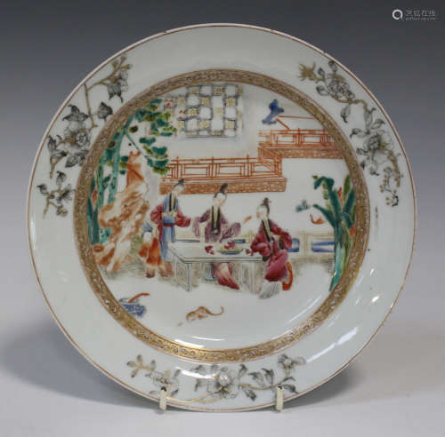 A Chinese famille rose porcelain plate, Yongzheng style but later, the centre painted with three