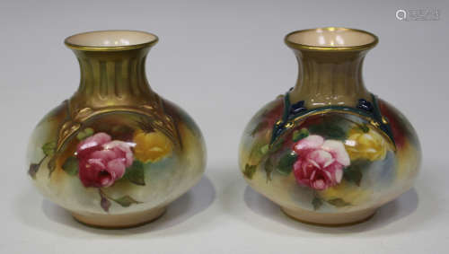 Two similar Royal Worcester bone china posy vases, early 20th century, of lobed form, each painted