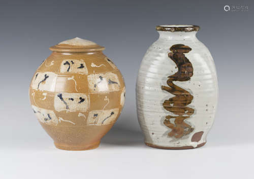 A Continental studio pottery salt glazed ovoid jar and cover with trailed, brushdrawn and