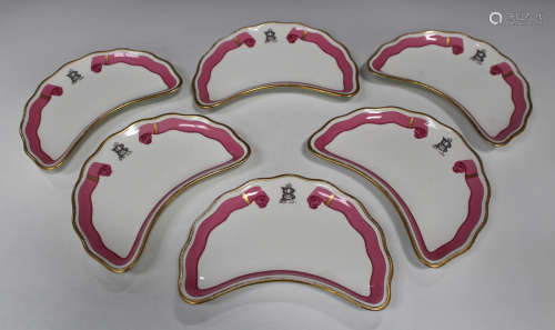 Six Brown-Westhead Moore & Co. crescent shaped dessert dishes, circa 1868, with pink ribbon border