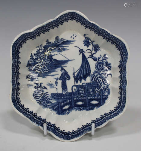 A Caughley porcelain Fisherman and Cormorant pattern teapot stand, circa 1779-99, of lobed hexagonal