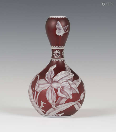 A Stourbridge cameo glass vase, circa 1880, probably Webb, the red body of double gourd shape,