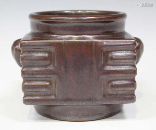 A Chinese iron red/brown glazed cong vase, mark of Qianlong but later, of short square section