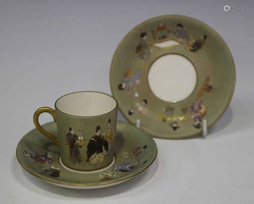 A Japanese Satsuma earthenware coffee can and two saucers by Seiko for Kinkozan, Meiji period,