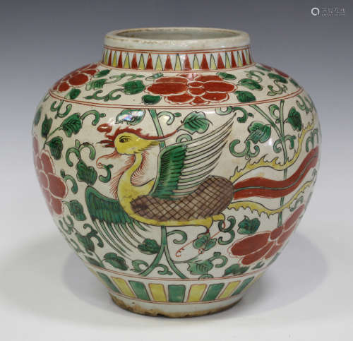 A Chinese famille verte porcelain jar, Transitional style but modern, of stout ovoid form, painted