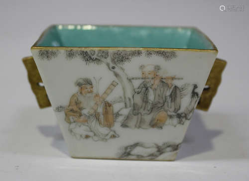 A Chinese grisaille decorated Eight Immortals porcelain cup, 19th century, of square tapering