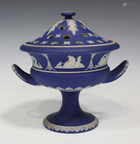 A Wedgwood dark blue dip jasperware two-handled potpourri vase and cover, late 19th century, the