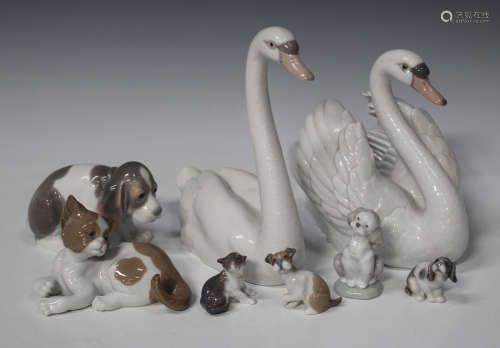 A group of Lladro porcelain animals, including Graceful Swan, No. 5230, Swan with wings spread,