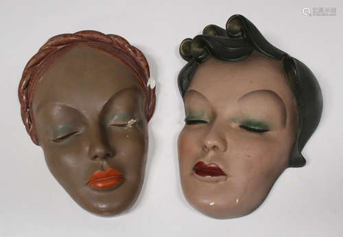 Two Leonardene Co. Art Deco plaster wall masks, 1930s, designed by G. Leonardi, each in the form