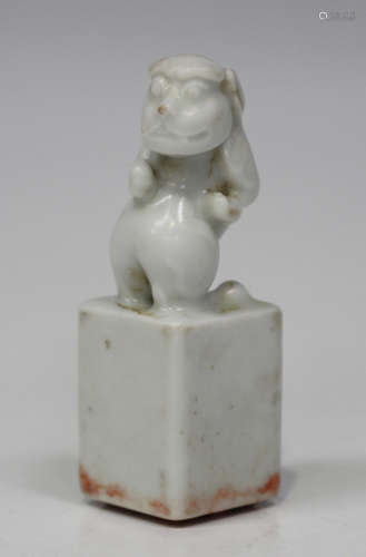 A Chinese blanc-de-Chine porcelain seal with Buddhistic lion finial, height 7cm.Buyer’s Premium 29.