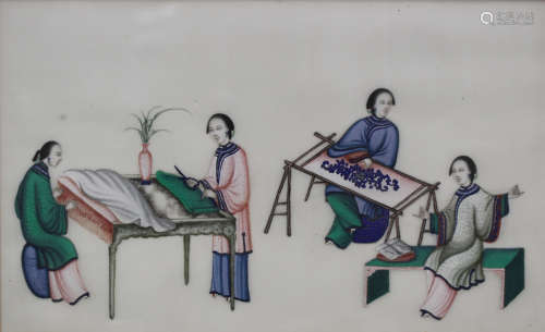 A Chinese Canton watercolour painting on rice paper, late 19th century, depicting four maidens