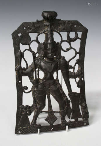An Indian brown patinated bronze Shiva votive plaque, 18th/19th century, cast and pierced