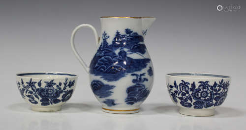 A Caughley porcelain Fisherman and Cormorant pattern jug, circa 1779-91, printed in underglaze blue,