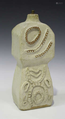 A studio pottery stoneware lamp base, probably Bernard Rooke, the mottled pale grey glazed body
