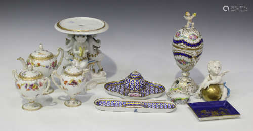 A Dresden porcelain quatrelobed inkstand and cover, 20th century, decorated with a puce painted bird