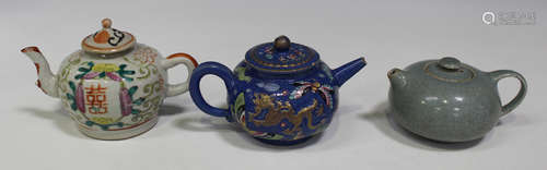 A Chinese Canton famille rose enamelled pottery diminutive teapot and cover, mid-19th century,