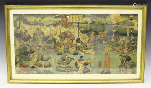 Utagawa Yoshikazu (active circa 1850-1870) - a Japanese polychrome triptych woodblock print