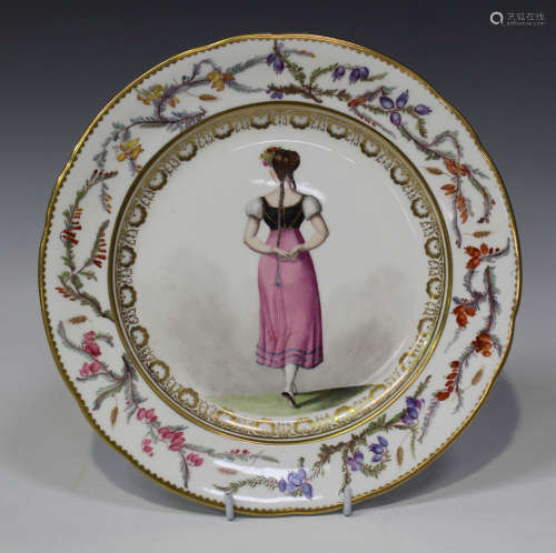 An English porcelain cabinet plate, early 19th century, probably London decorated with a Germanic