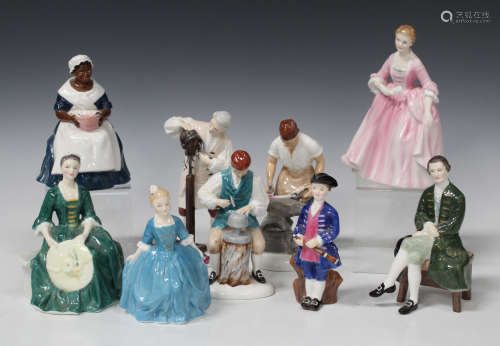 Nine Royal Doulton Williamsburg figures, comprising 'Boy', HN2183, 'Child', HN2154, 'Hostess',