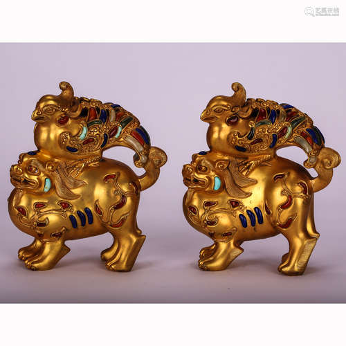 CHINESE PAIR OF GILT BRONZE FIGURE OF BEAST