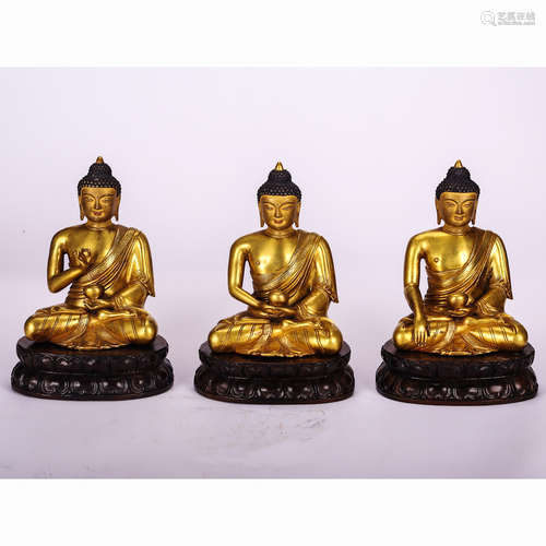 CHINESE GILT BRONZE SHAKYAMUNI, SET OF 3