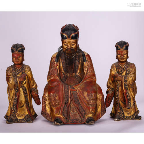 CHINESE SET OF GILDED WOOD DAOIST FIGURINES