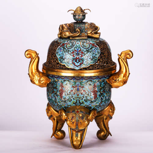 CHINESE CLOISONNE TRIPOD COVER CENSER