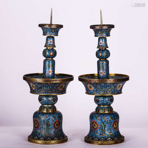 CHINESE PAIR OF CLOISONNE CANDLE STANDS