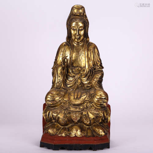 CHINESE GILDED WOOD FIGURE OF GUANYIN