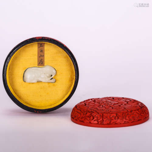CHINESE WHITE JADE RABBIT ON LACQUER BOX