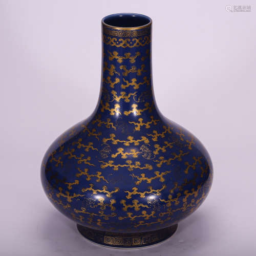 CHINESE GILDED BLUE GROUND PORCELAIN VASE