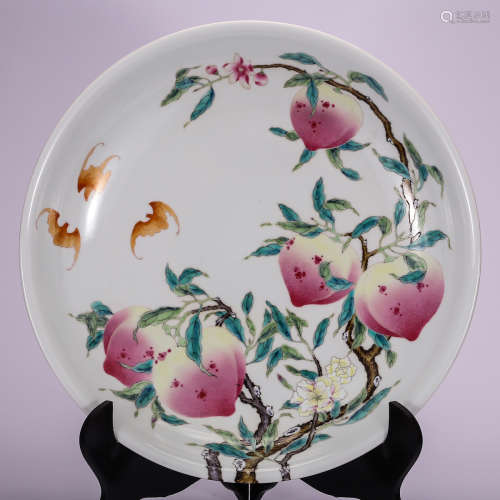 CHINESE FAMILLE ROSE 9 PEACH PORCELAIN PLATE