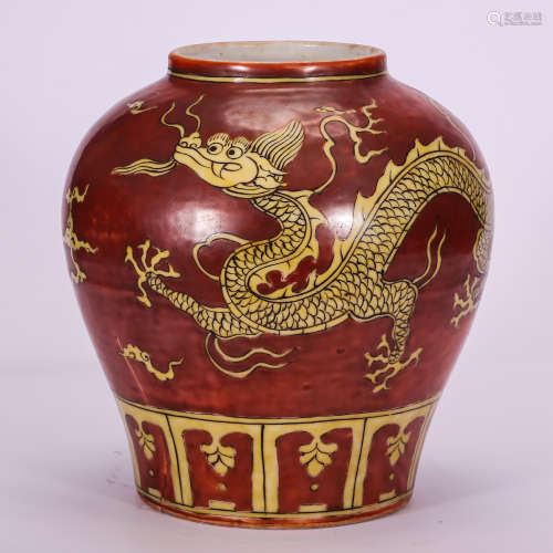 CHINESE RED AND YELLOW GROUND DRAGON JAR