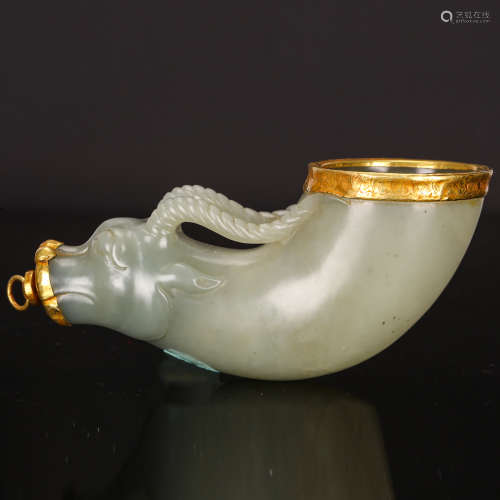 CHINESE CELADON JADE RAM LIBATION CUP